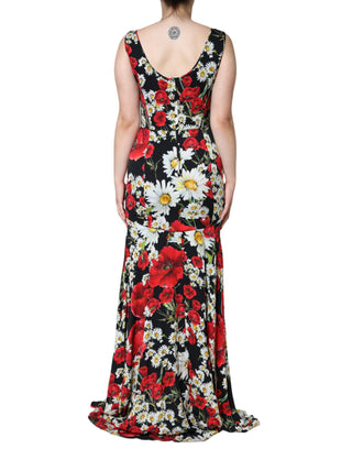 Schwarzes, ärmelloses, langes Abendkleid aus Seide mit Blumenmuster