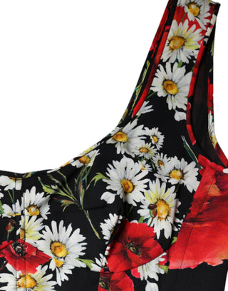 Schwarzes, ärmelloses, langes Abendkleid aus Seide mit Blumenmuster