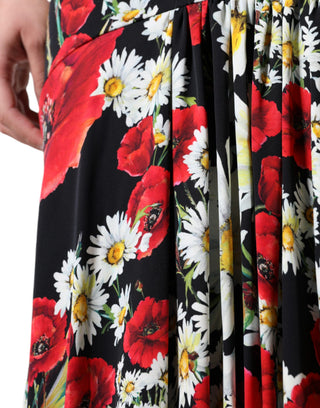 Schwarzes, ärmelloses, langes Abendkleid aus Seide mit Blumenmuster