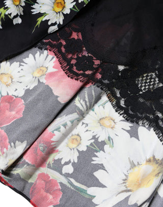 Schwarzes, ärmelloses, langes Abendkleid aus Seide mit Blumenmuster