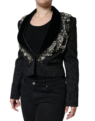Schwarzer Jacquard Blazer mit Kristall-Blumenmuster
