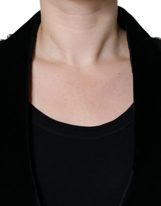 Schwarzer Jacquard Blazer mit Kristall-Blumenmuster