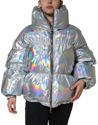Chaqueta abrigo acolchada plateada iridiscente con cremallera completa
