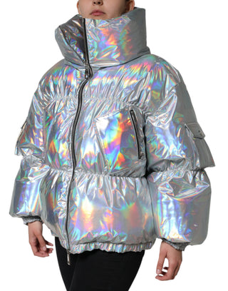 Chaqueta abrigo acolchada plateada iridiscente con cremallera completa