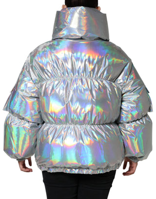 Chaqueta abrigo acolchada plateada iridiscente con cremallera completa