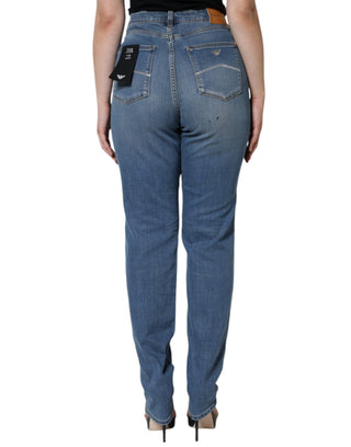 Blaue High-Waist Skinny Jeans für Damen im Used-Look