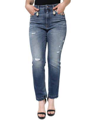 Jeans pitillo de mezclilla azul oscuro de algodón desgastado