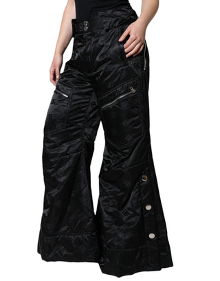 Schwarze gesteppte High-Waist-Hose für Damen mit weitem Bein