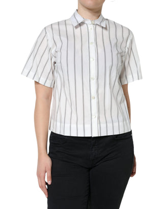 Top polo blanco de manga corta con cuello y rayas