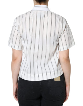 Top polo blanco de manga corta con cuello y rayas