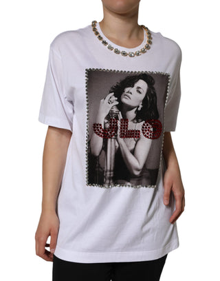 Camiseta blanca estampada con escote adornado con cristales