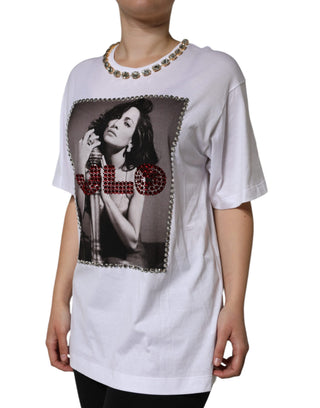 Camiseta blanca estampada con escote adornado con cristales
