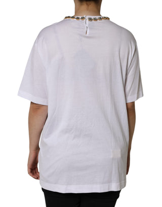Camiseta blanca estampada con escote adornado con cristales