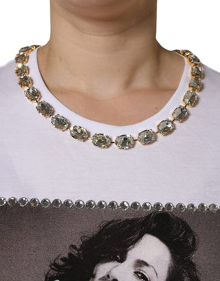 Camiseta blanca estampada con escote adornado con cristales