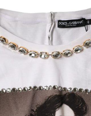 Camiseta blanca estampada con escote adornado con cristales