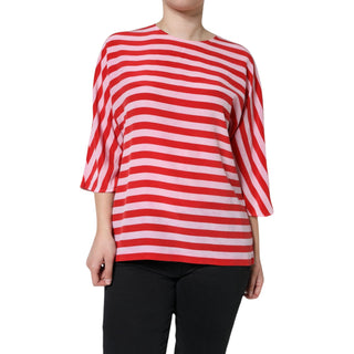 Weiß-rot gestreiftes Seiden-T-Shirt mit Rundhalsausschnitt
