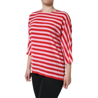 Weiß-rot gestreiftes Seiden-T-Shirt mit Rundhalsausschnitt