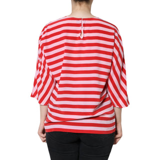Weiß-rot gestreiftes Seiden-T-Shirt mit Rundhalsausschnitt