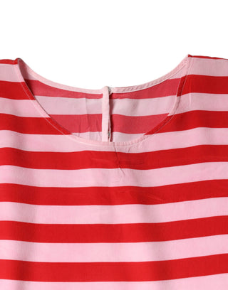 Weiß-rot gestreiftes Seiden-T-Shirt mit Rundhalsausschnitt