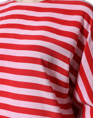 Weiß-rot gestreiftes Seiden-T-Shirt mit Rundhalsausschnitt