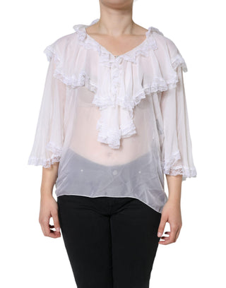 Weiße Rüschen Spitzen Langarmbluse Top