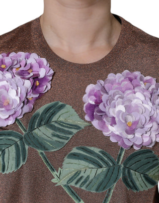 Braunes Oberteil aus Viskose mit Blumenapplikation und kurzen Ärmeln