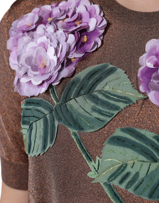 Braunes Oberteil aus Viskose mit Blumenapplikation und kurzen Ärmeln