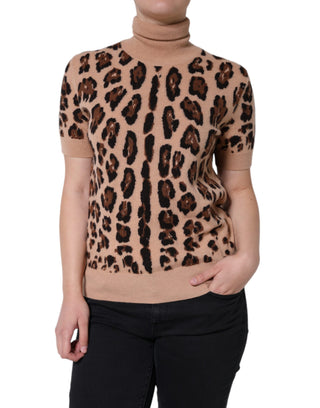 Beiger Rollkragenpullover aus Wolle mit Leopardenmuster