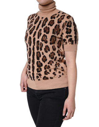 Beiger Rollkragenpullover aus Wolle mit Leopardenmuster