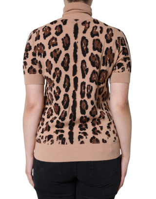 Beiger Rollkragenpullover aus Wolle mit Leopardenmuster