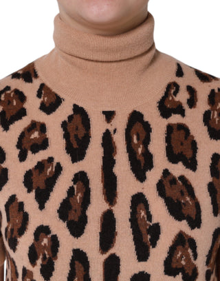 Beiger Rollkragenpullover aus Wolle mit Leopardenmuster