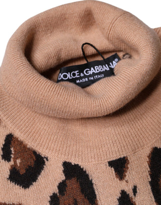 Beiger Rollkragenpullover aus Wolle mit Leopardenmuster