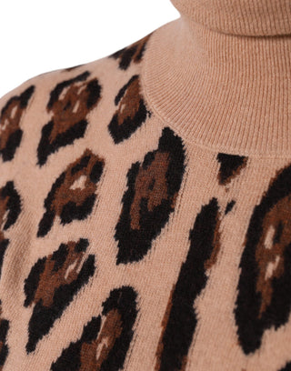 Beiger Rollkragenpullover aus Wolle mit Leopardenmuster