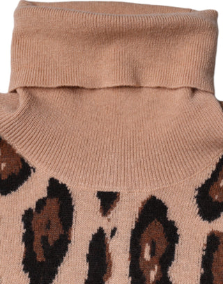 Beiger Rollkragenpullover aus Wolle mit Leopardenmuster