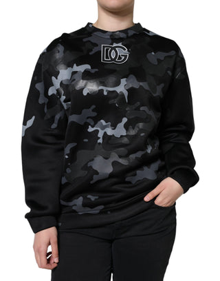 Sudadera negra con estampado de camuflaje y cuello redondo