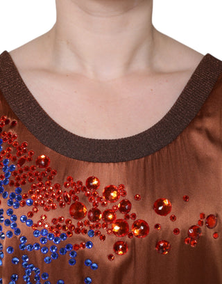 Braunes, ärmelloses Tanktop mit Kristalldekor