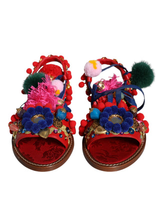 Mehrfarbige Pom-Pom-Sandalen mit Fell