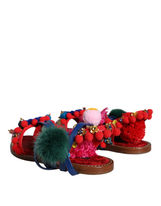 Mehrfarbige Pom-Pom-Sandalen mit Fell