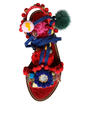Mehrfarbige Pom-Pom-Sandalen mit Fell