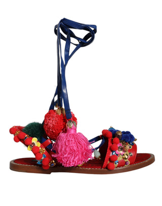 Mehrfarbige Pom-Pom-Sandalen mit Fell