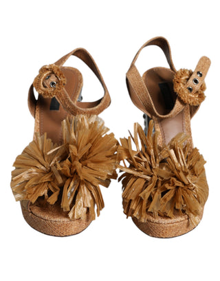 Braune Bast-Sandalen mit Knöchelriemen und Kristallbesatz