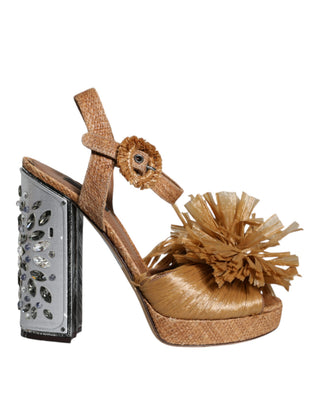 Braune Bast-Sandalen mit Knöchelriemen und Kristallbesatz