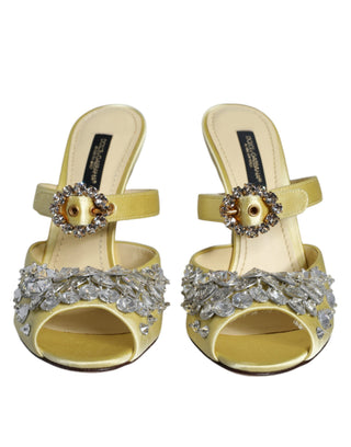 Gelbe Mary Janes Sandalen aus Satin mit Kristallen