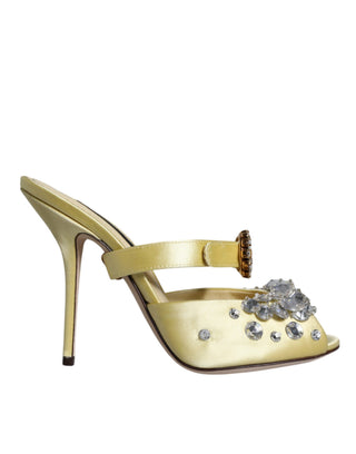 Gelbe Mary Janes Sandalen aus Satin mit Kristallen