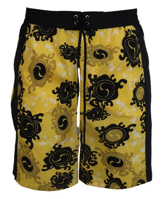 Shorts de playa amarillos y negros de nylon con estampado