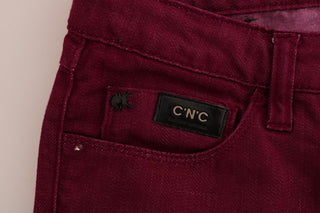 Jeans de denim elástico de algodón con lavado rojo