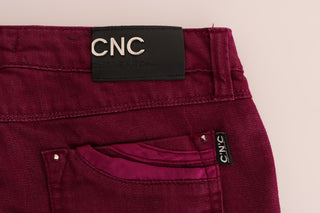 Jeans de denim elástico de algodón con lavado rojo