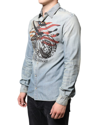 Camisa de mezclilla azul claro de algodón con estampado y mangas largas  
