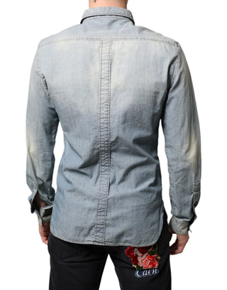 Camisa de mezclilla azul claro de algodón con estampado y mangas largas  