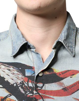 Camisa de mezclilla azul claro de algodón con estampado y mangas largas  